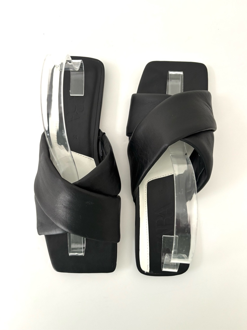 Zara Black Padded Leather Crisscross Flat Slides Sandals NWT Size 39